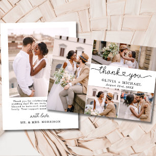 Carte De Remerciements 5 Photo Collage Élégant Mariage de script