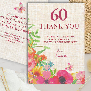 Carte De Remerciements 60e Anniversaire Bold Floral Linen Remerciement