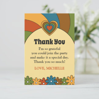 Carte De Remerciements 60s Inspired Flowers Waves Hearts in Retro Colors