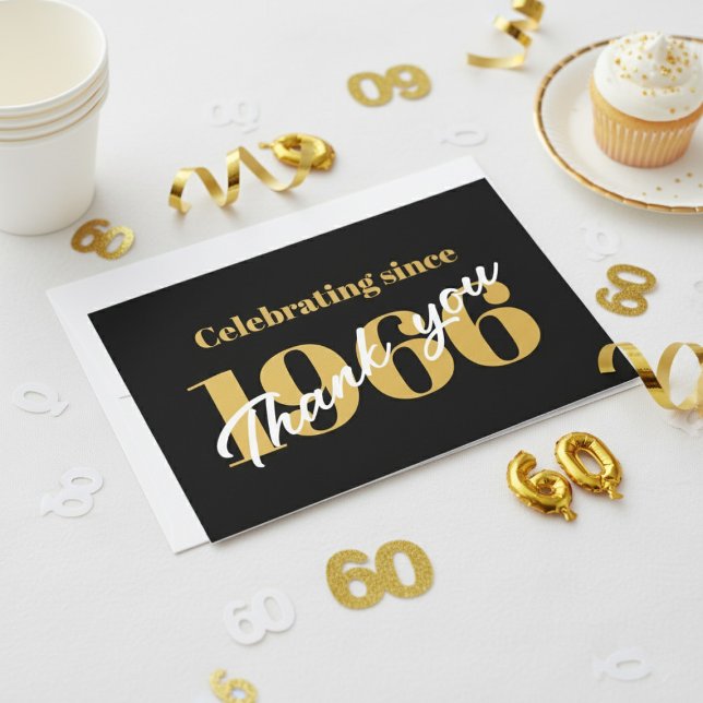 Carte De Remerciements 60th Birthday 1966 Retro Black And Gold (Thank you card on a table with white and gold 60th birthday decorations and a cupcake.)