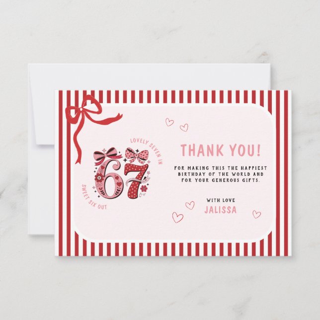 Carte De Remerciements 6 7 Anniversaire pour les filles, Rose Enfants 7e  (Devant)