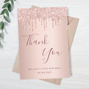 Carte De Remerciements 70e anniversaire 70 gouttes de paillettes rose gol
