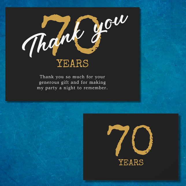Carte De Remerciements 70e anniversaire Retro Noir et Or (70th Birthday Retro Black And Gold Thank You Card)