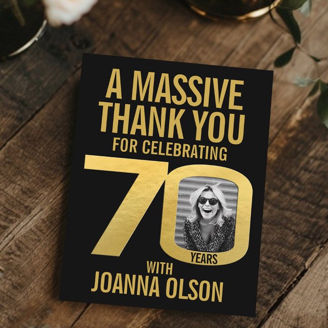 Carte De Remerciements 70th birthday photo black and gold  (Créateur téléchargé)