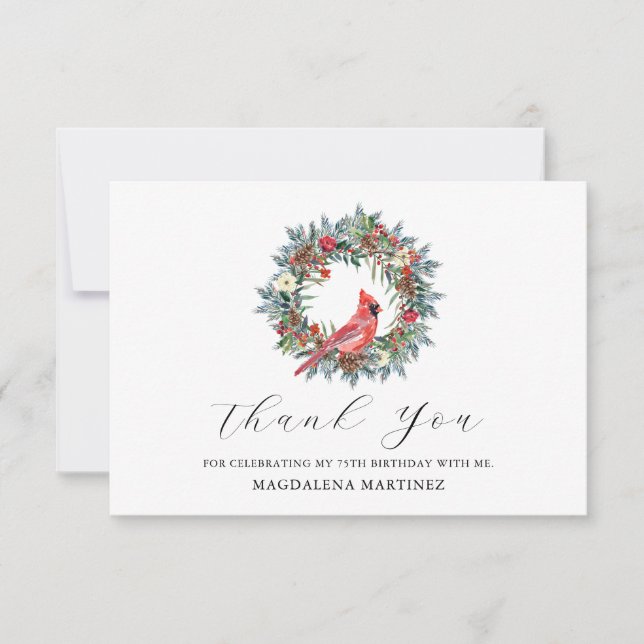 Carte De Remerciements 75th Birthday Red Cardinal Wreath Custom Flat (Devant)