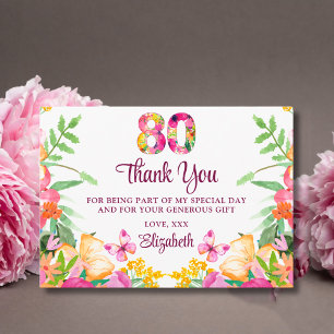 Carte De Remerciements 80 Ans Floral Fleurs - Papillon 80e Anniversaire