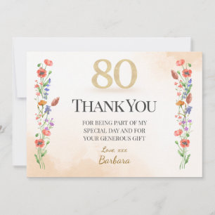Carte De Remerciements 80e anniversaire élégant – 80 ans de fleurs sauvag