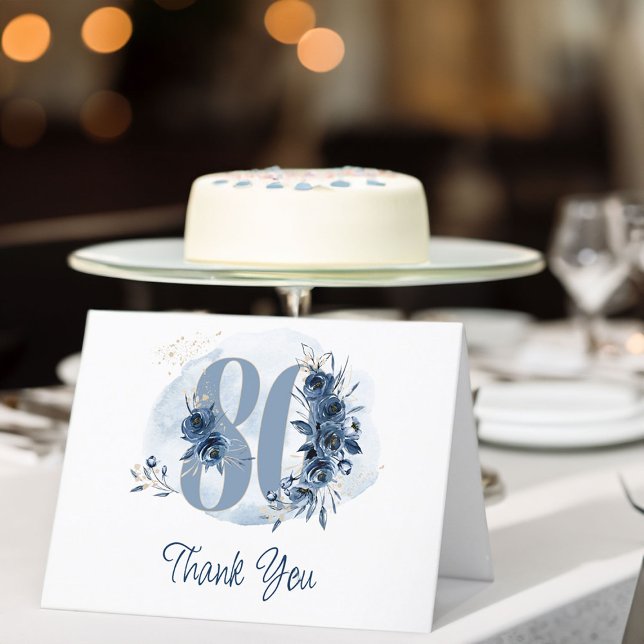 Carte De Remerciements 80e anniversaire Floral Numéro Côte Bleu (80th Birthday thank you card from my Floral Number Milestone Birthday Collection)