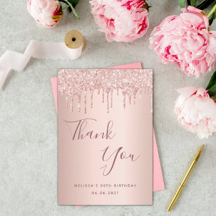 Carte De Remerciements 80e anniversaire rose gouttes rose or
