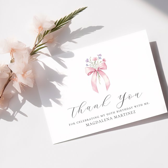 Carte De Remerciements 90e anniversaire Pink Bow Fleur sauvage plat perso (Créateur téléchargé)