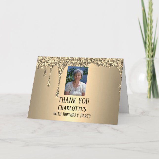 Carte De Remerciements 90th Ninety Elegant Birthday Party Gold (Devant)