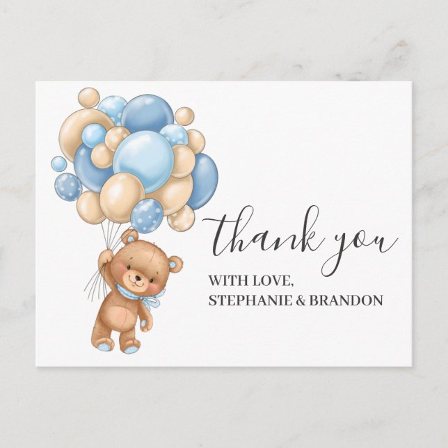 Carte de remerciements à ballon BLEU Teddy Bear (Devant)