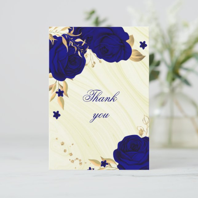 carte de remerciements à fleurs or bleu royal (Debout devant)