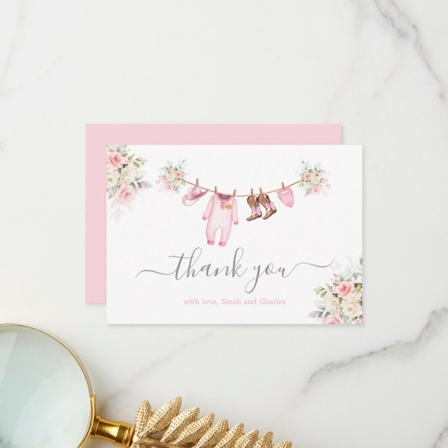 Carte De Remerciements A little Cowgirl Baby Shower Pink Thank You Card (Devant/Arrière en situation)