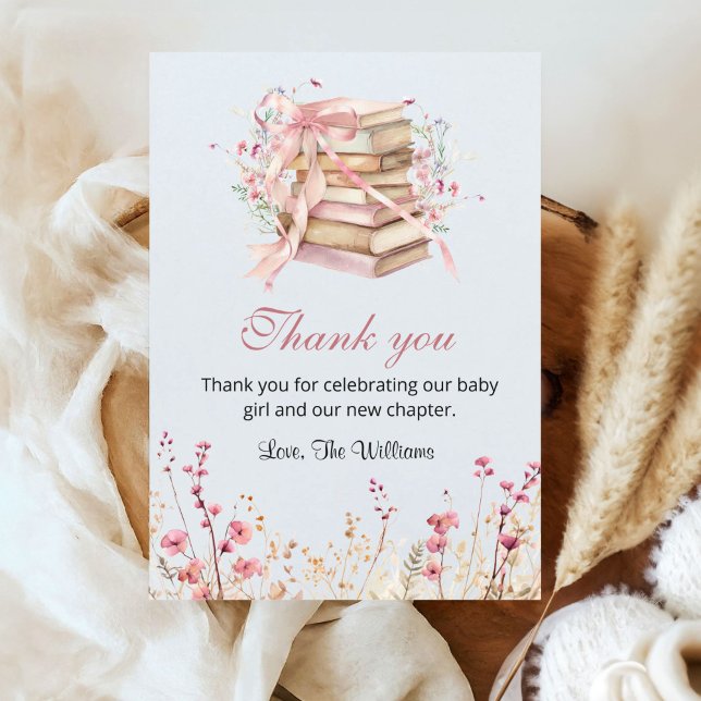 Carte De Remerciements A New Chapter Begins Coquette Books Baby Shower (A new chapter begins Pink Coquette bow baby shower Thank you card)