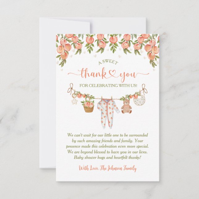 Carte De Remerciements A Sweet Little Peach Clothesline Baby Shower (Devant)