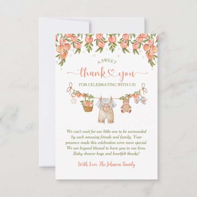 Carte De Remerciements A Sweet Little Peach Clothesline Boy Baby Shower (Devant)