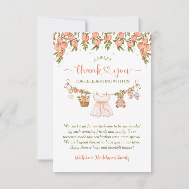 Carte De Remerciements A Sweet Little Peach Clothesline Girl Baby Shower (Devant)