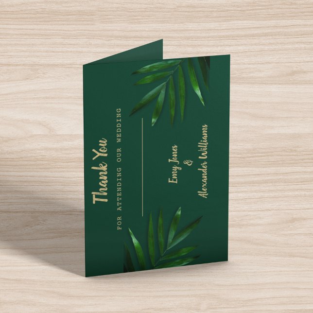 Carte de remerciements à thème vert d'or (thank your guests for attending your wedding by placing these cards on their tables)