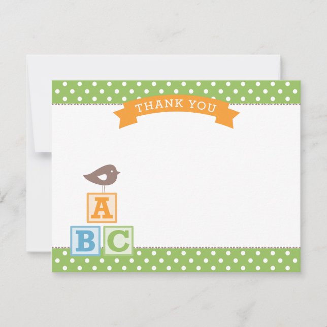 Carte De Remerciements ABC bloque un Baby shower vert neutre pour les fem (Devant)