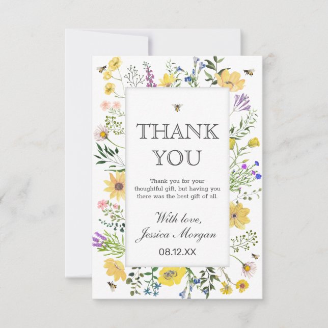 Carte De Remerciements Abeille Aquarelle Et Baby shower Fleur sauvage Dél (Devant)