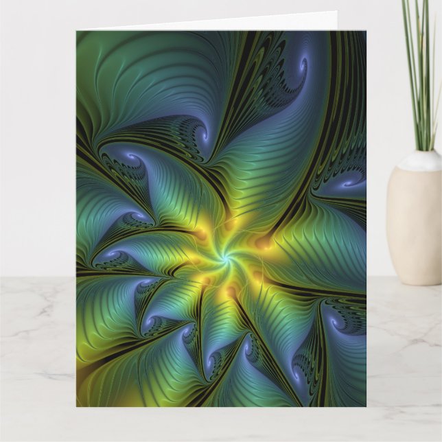 Carte De Remerciements Abstract Star, Shiny Blue Green Golden Fractal Art (Devant)