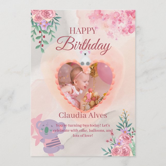 Carte De Remerciements Adorable Koala & Girl Birthday Card for Kids Happy (Devant)