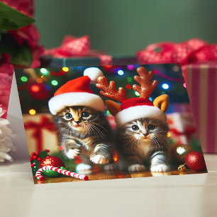 Carte De Remerciements Adorables chatons avec le Père Noël et chapeaux de