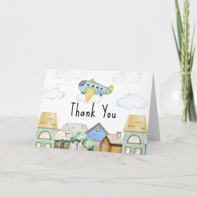 Carte De Remerciements Adventure Awaits Aviator Airplane Baby Shower  (Devant)