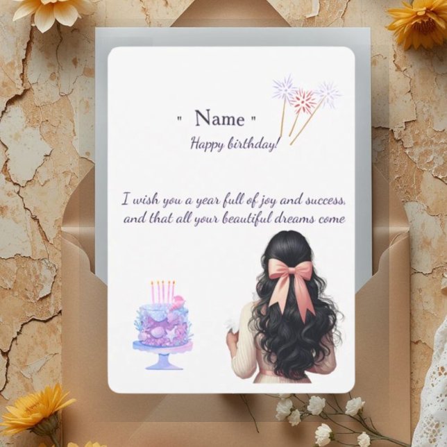 Carte De Remerciements Aesthetic Birthday Card for Her | Dark Hair Girl & (Créateur téléchargé)
