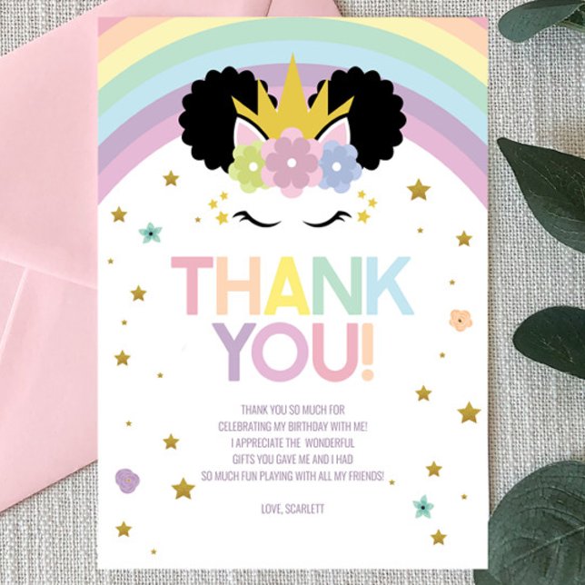 Carte De Remerciements Afro Puff Unicorn et Rainbows fête d'anniversaire (Créateur téléchargé)