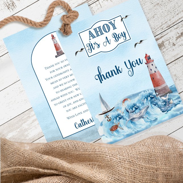 Carte De Remerciements Ahoy C'est un Baby shower Océanique de phare de ga (Créateur téléchargé)