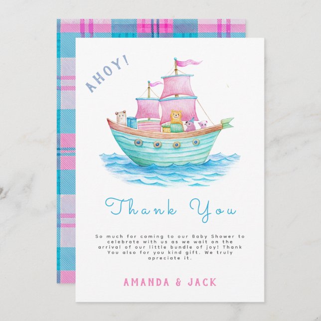 Carte De Remerciements Ahoy C'est Un Bébé Bateau Animaux Baby shower de v (Devant / Derrière)