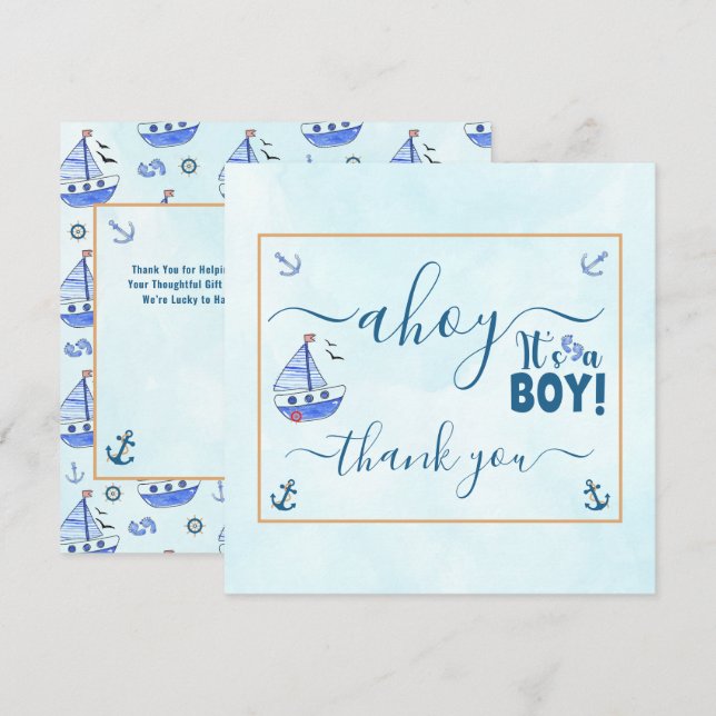 Carte De Remerciements Ahoy c'est un Boy Sailboat Baby shower nautique qu (Devant / Derrière)