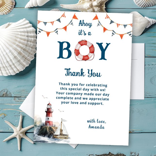 Carte De Remerciements Ahoy C'est un garçon Baby shower nautique (Créateur téléchargé)