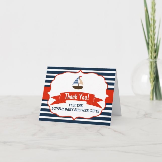 Carte De Remerciements Ahoy It's A Boy ! Nautical Boat (Devant)