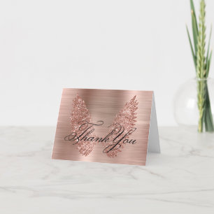 Carte De Remerciements Ailes pailletées en or rose et calligraphie sur fe