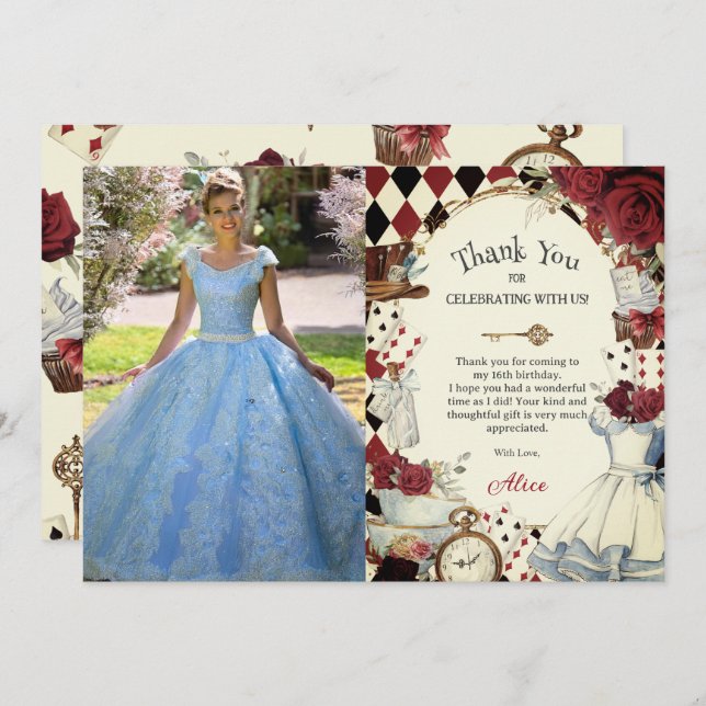 Carte De Remerciements Alice in Wonderland Floral Sweet 16 Bridal Photo (Devant / Derrière)