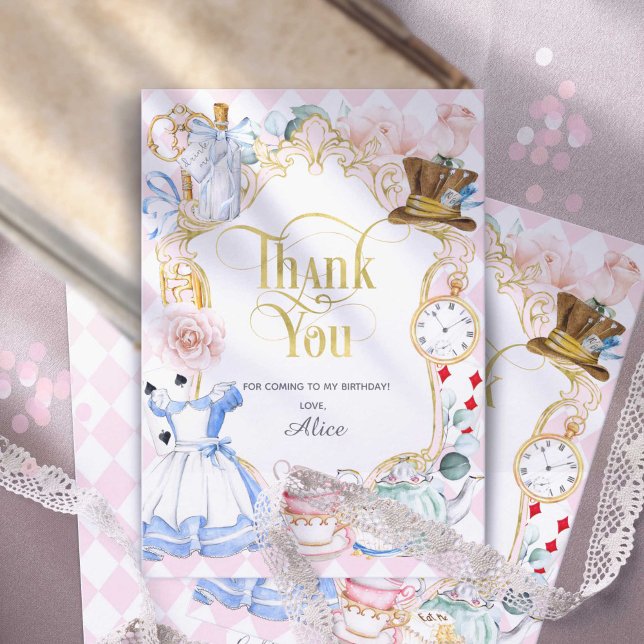Carte De Remerciements Alice Onederland, Mad hatter, Fille 1er anniversai (Pink, Alice in Wonderland, girl 1st birthday thank you cards)