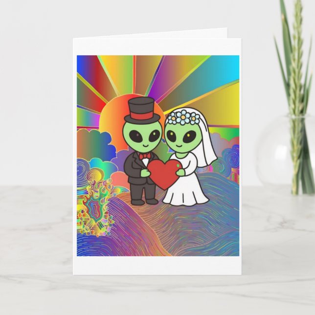 Carte De Remerciements Alien Bride and Groom Wedding Retro Neon  (Devant)
