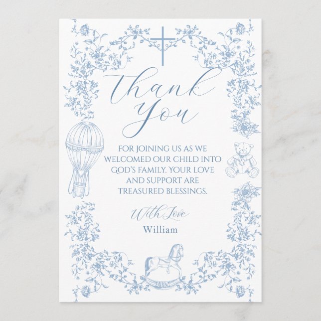 Carte De Remerciements All Blue Toile Boy Baptism Elegant Digital (Devant)
