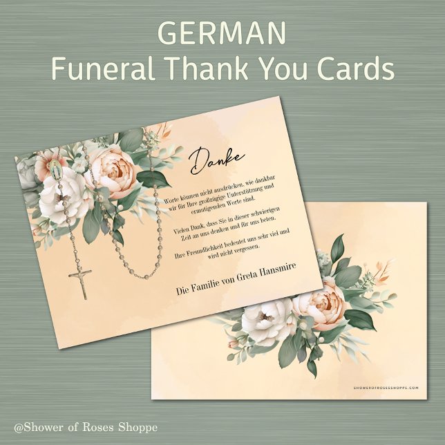 Carte De Remerciements Allemand Rosaire Floral Funeral Condolence Sympath (German Catholic Funeral Thank you Cards with the Holy Rosary - Easy to personalize)