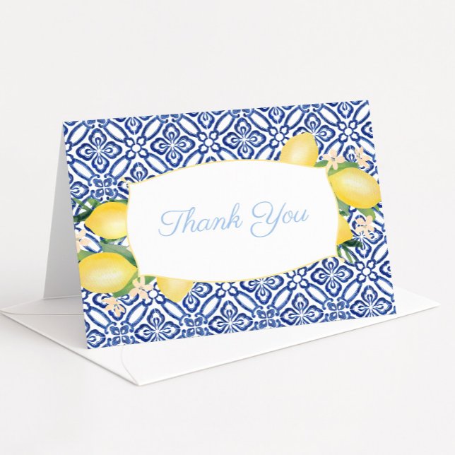 Carte De Remerciements Amalfi Lemons Azulejos Powder Blue Baby Shower (Amalfi Lemons and blue and white vintage tiles baby boy shower thank you card)