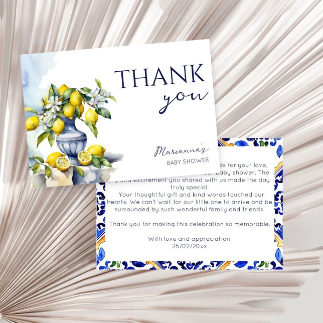 Carte De Remerciements Amalfi Vase bleu citrons baby shower (Amalfi Italian blue ceramics vase lemons citrus summer gender neutral baby shower Thank You Card)