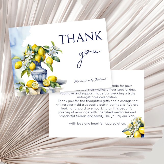 Carte De Remerciements Amalfi Vase bleu italien avec citrons mariage (Amalfi Italian blue ceramic vase with lemons wedding Thank You Card Mediterranean themed)
