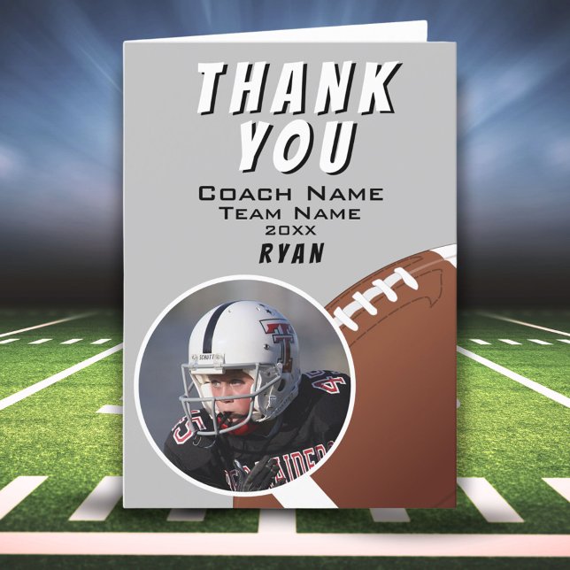Carte De Remerciements American Football Coach Football Ball Grey Photo (Créateur téléchargé)