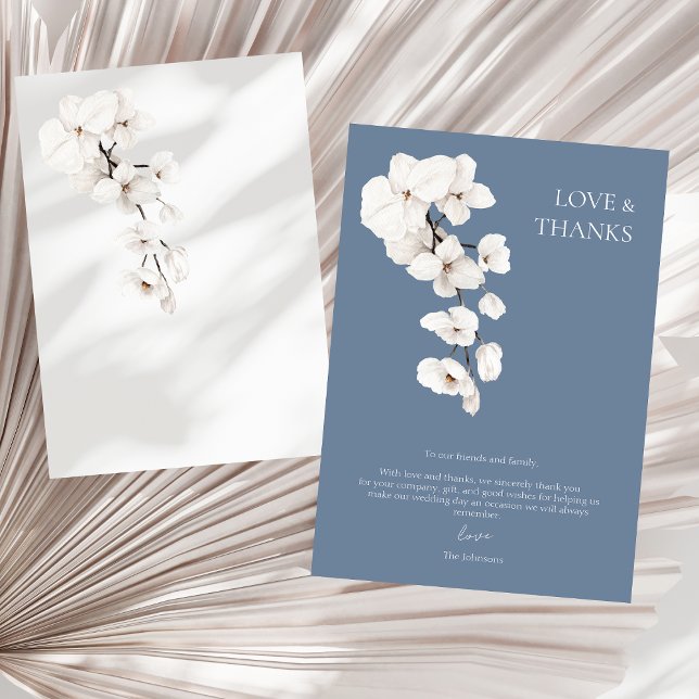 Carte De Remerciements Amour et Remerciements Orchidées Blanches Dusty Bl (Love and Thanks Dusty Blue White Orchids Wedding Thank You Card)