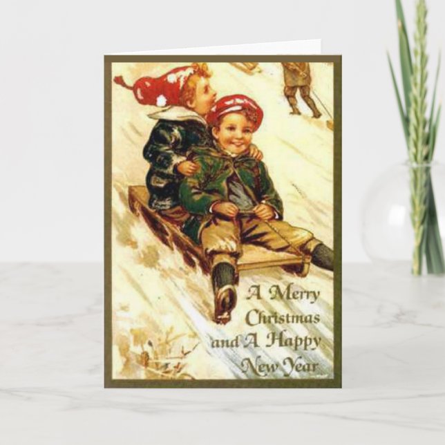 Carte De Remerciements Amusement des enfants en traîneau sauvage - Joyeux (Devant)