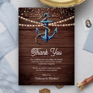 Carte De Remerciements Ancre bleue Rustic Wood Marine Mariage nautique