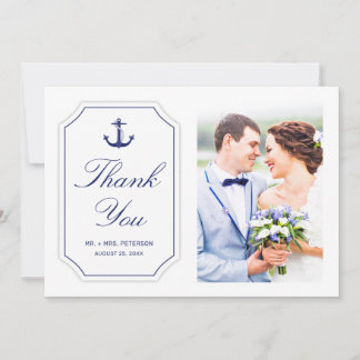 Carte De Remerciements Ancre Naution Bleue sur Mariage Photo Blanc